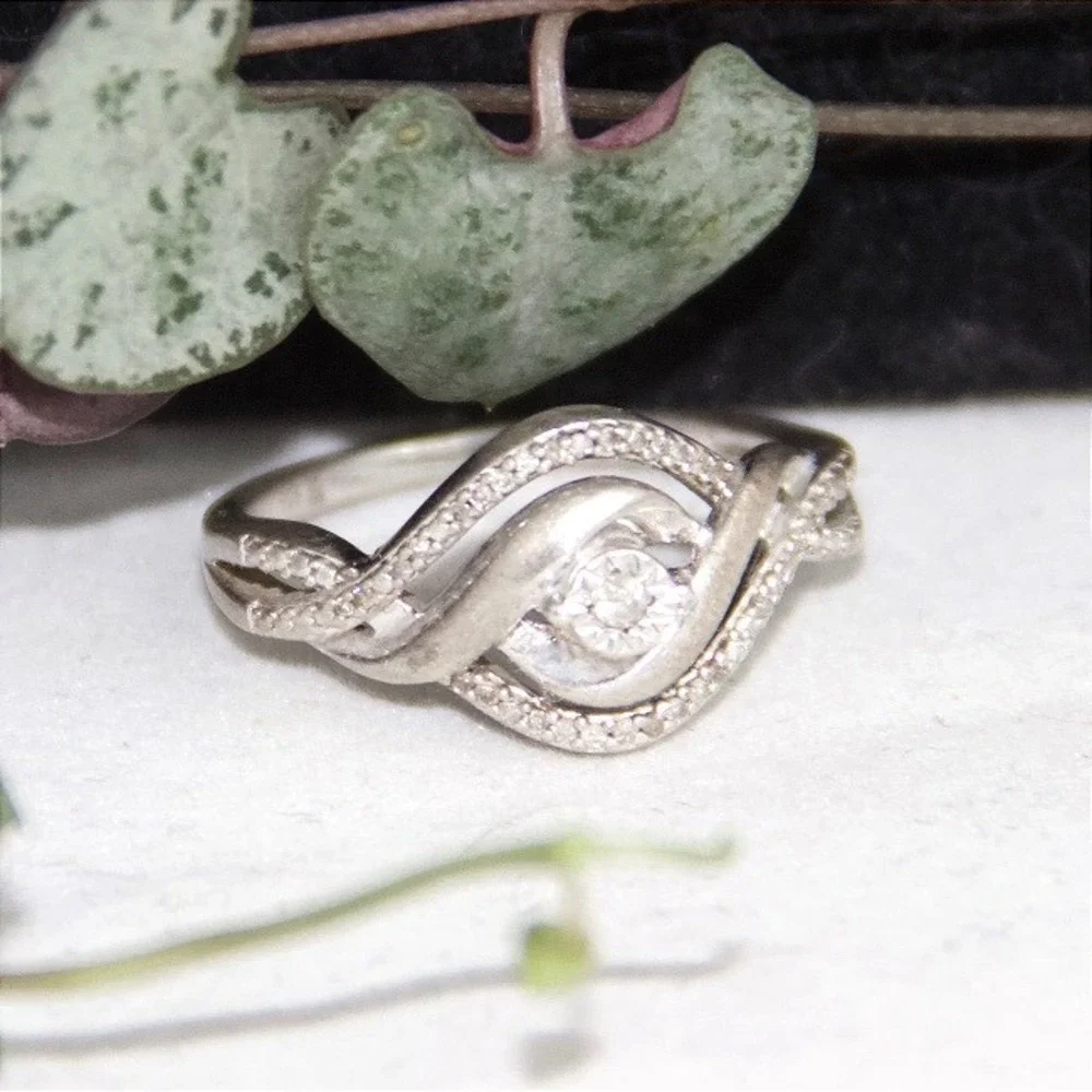 Sterling Silver 925 Bypass‎ Swirl Ring Round Accent Pave Crystal Band Size 7